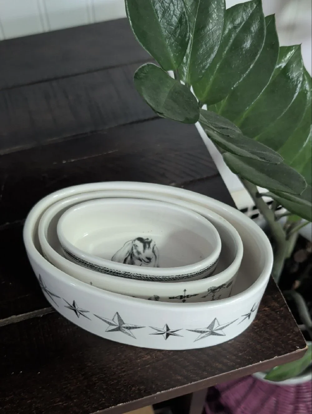 Creative Co-Op White Ceramic Nesting Oval Dishes with Black Animal Sketches